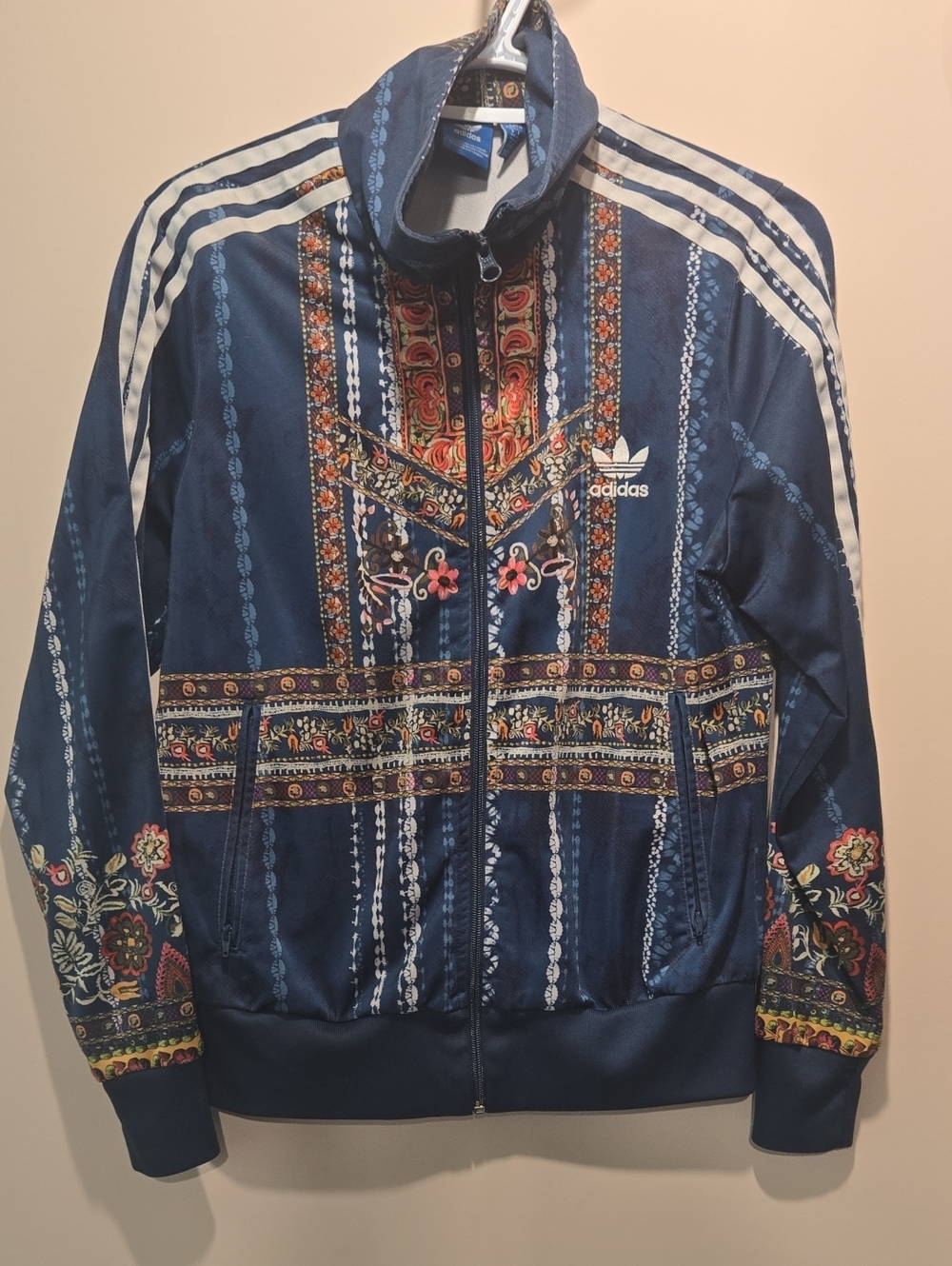 Adidas Navy Floral-Pattern Bomber Track Jacket